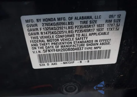 2013 Honda Pilot Lx from USA, damaged, VIN 5FNYF4H20DB004037